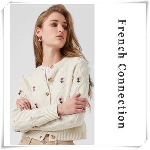 FRENCH Connection Kinsley Floral Embroidered Lambswool Cardigan in Vanilla Cream